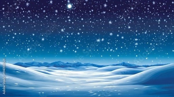 Obraz Starry sky, moonlight shining on the snowy ground, flat illustration style, simple background, cartoon style, vector graphics