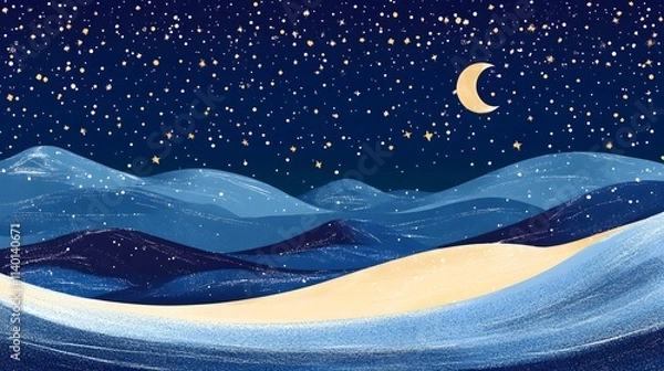 Obraz Starry sky, moonlight shining on the snowy ground, flat illustration style, simple background, cartoon style, vector graphics