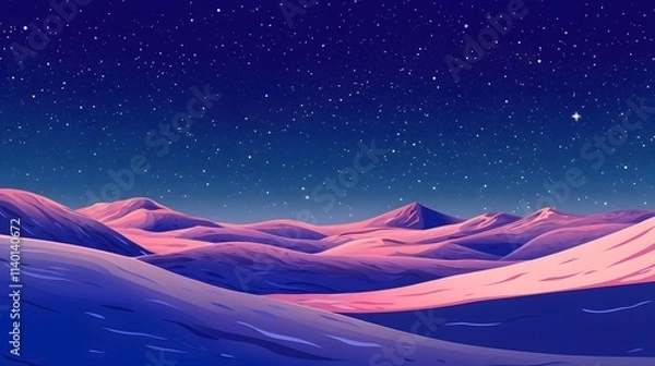 Obraz Starry sky, moonlight shining on the snowy ground, flat illustration style, simple background, cartoon style, vector graphics