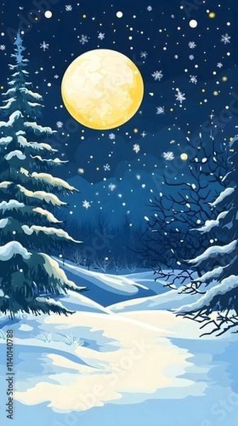 Obraz Starry sky, moonlight shining on the snowy ground, flat illustration style, simple background, cartoon style, vector graphics
