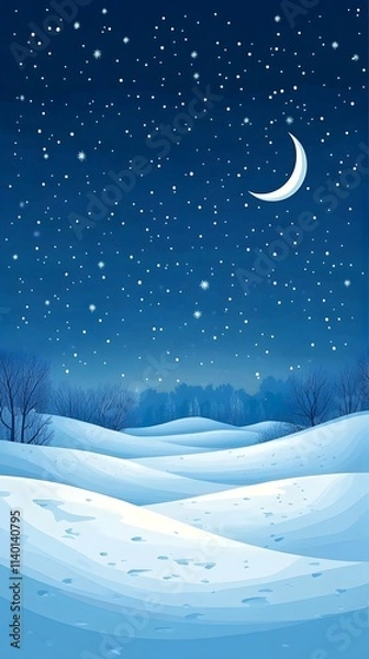 Obraz Starry sky, moonlight shining on the snowy ground, flat illustration style, simple background, cartoon style, vector graphics