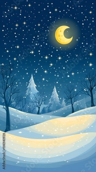 Obraz Starry sky, moonlight shining on the snowy ground, flat illustration style, simple background, cartoon style, vector graphics