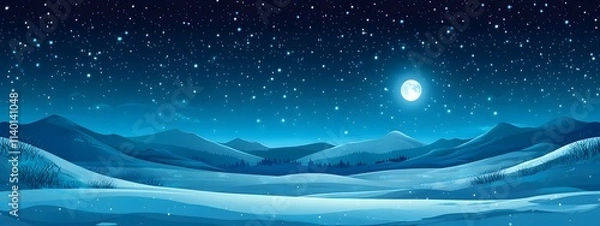Obraz Starry sky, moonlight shining on the snowy ground, flat illustration style, simple background, cartoon style, vector graphics