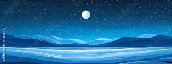 Obraz Starry sky, moonlight shining on the snowy ground, flat illustration style, simple background, cartoon style, vector graphics