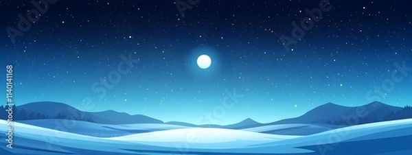 Obraz Starry sky, moonlight shining on the snowy ground, flat illustration style, simple background, cartoon style, vector graphics