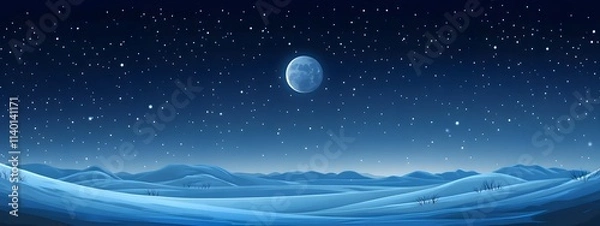 Obraz Starry sky, moonlight shining on the snowy ground, flat illustration style, simple background, cartoon style, vector graphics