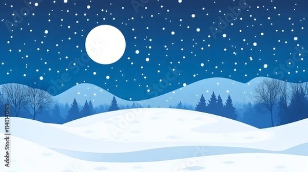 Obraz Starry sky, moonlight shining on the snowy ground, flat illustration style, simple background, cartoon style, vector graphics