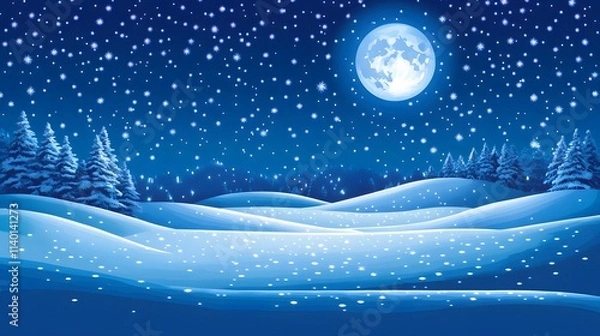 Obraz Starry sky, moonlight shining on the snowy ground, flat illustration style, simple background, cartoon style, vector graphics
