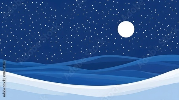 Obraz Starry sky, moonlight shining on the snowy ground, flat illustration style, simple background, cartoon style, vector graphics