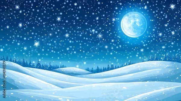 Obraz Starry sky, moonlight shining on the snowy ground, flat illustration style, simple background, cartoon style, vector graphics