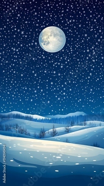 Obraz Starry sky, moonlight shining on the snowy ground, flat illustration style, simple background, cartoon style, vector graphics