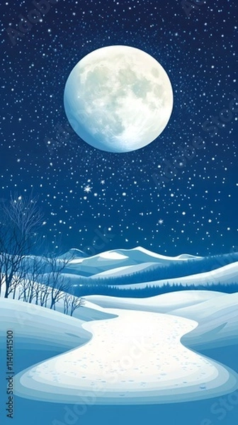 Obraz Starry sky, moonlight shining on the snowy ground, flat illustration style, simple background, cartoon style, vector graphics