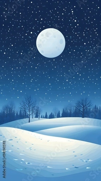 Obraz Starry sky, moonlight shining on the snowy ground, flat illustration style, simple background, cartoon style, vector graphics