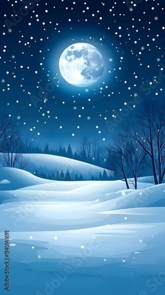 Obraz Starry sky, moonlight shining on the snowy ground, flat illustration style, simple background, cartoon style, vector graphics