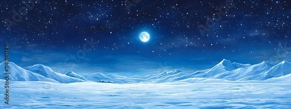 Obraz Starry sky, moonlight shining on the snowy ground, flat illustration style, simple background, cartoon style, vector graphics