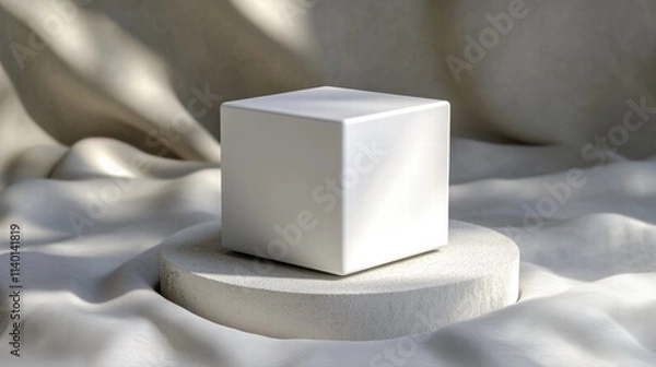 Fototapeta Minimalist White Cube on Round Pedestal
