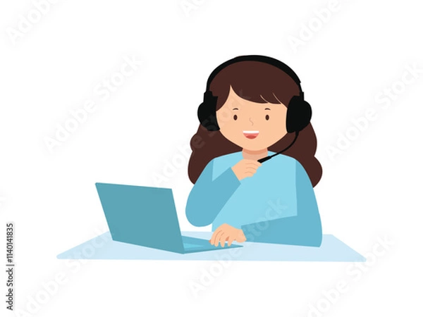 Obraz Illustration of smiling girl with headset and laptop
