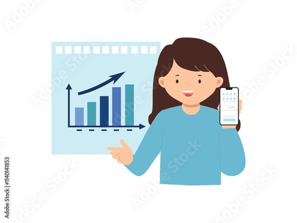 Obraz A woman brings a Phone and presenting data