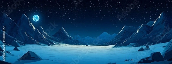 Obraz Starry sky, moonlight shining on the snowy ground, flat illustration style, simple background, cartoon style, vector graphics