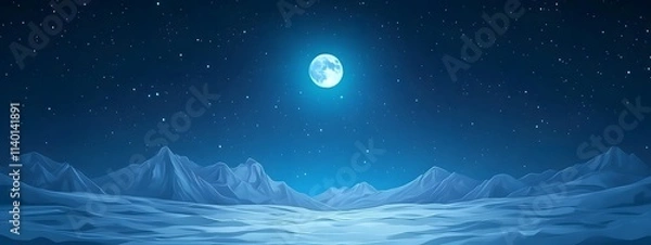 Obraz Starry sky, moonlight shining on the snowy ground, flat illustration style, simple background, cartoon style, vector graphics
