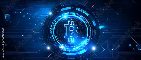 Fototapeta Futuristic Bitcoin symbol with blue digital elements.