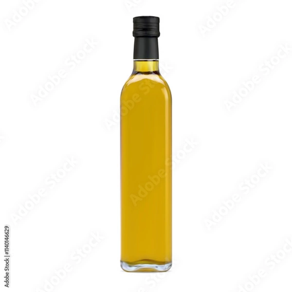 Obraz Small olive oil transparent glass bottle with cap vector mockup. Natural organic cooking oil golden glass bottle design. Extra virgin vegetarian oil container, 3d template with cap