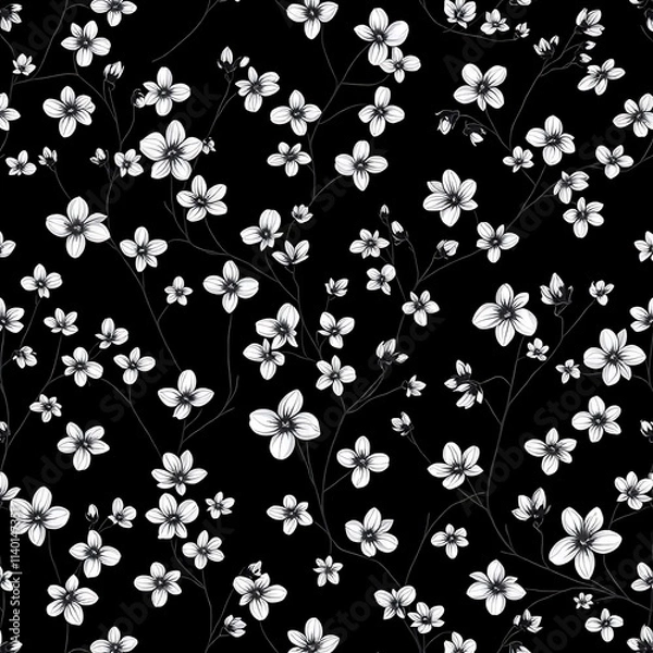 Fototapeta Delicate Blossom on Black: A seamless pattern of delicate white cherry blossoms blooming on slender branches against a rich black background.  