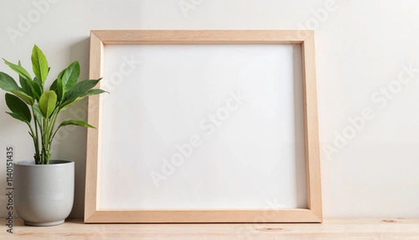 Fototapeta Wooden frame with blank canvas and potted plant on table for copy space