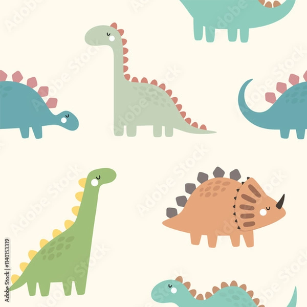 Obraz Cute dino pattern for kids, seamless vector background 