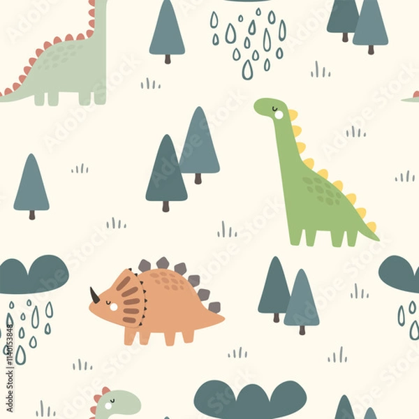 Obraz Cute dino pattern for kids, seamless vector background 
