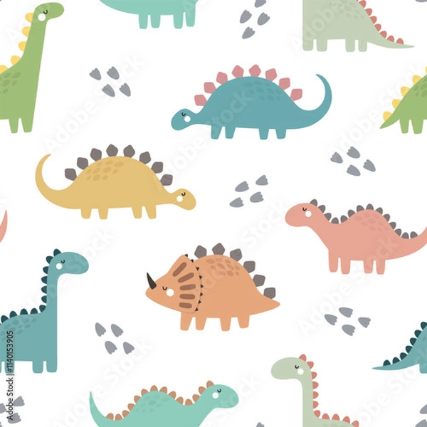 Obraz Cute dino pattern for kids, seamless vector background 