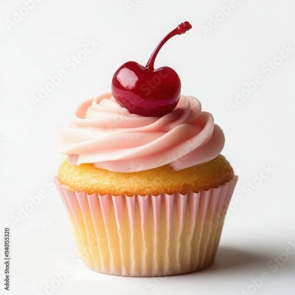 Fototapeta A small cupcake with a swirled frosting top and a cherry on top on a white background