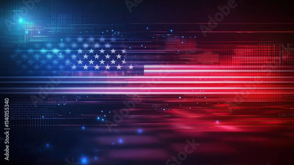 Fototapeta Futuristic neon American flag with glowing red, white, and blue lines on a dark background. Flag Day
