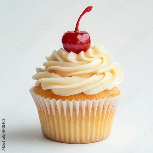 Fototapeta A small cupcake with a swirled frosting top and a cherry on top on a white background 