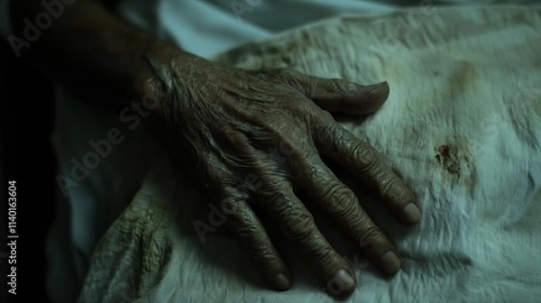 Fototapeta Close-up of an elderly person's hand resting on a white sheet, showing the delicate details of aging skin.