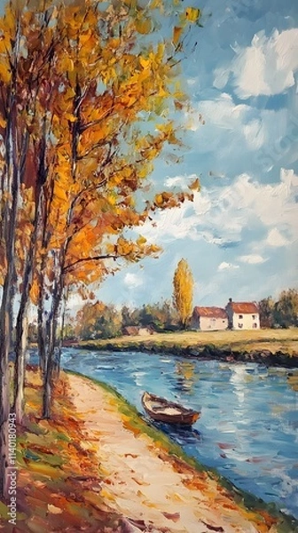 Fototapeta A vintage oil painting of an old rowboat on the river bank, surrounded by trees and grassy areas with some farm buildings in the background