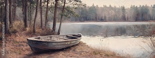 Fototapeta A vintage oil painting of an old rowboat on the river bank, surrounded by trees and grassy areas with some farm buildings in the background