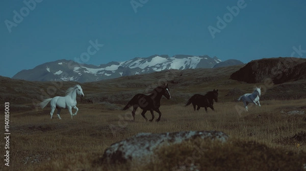 Fototapeta Icelandic horses running in the wild, with mountains in the background, in the style of Unsplash photography.