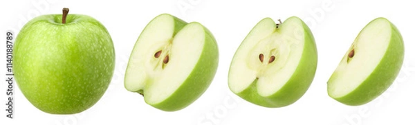 Fototapeta green apple (granny smith apple), half and slice isolated, transparent PNG, PNG format, cut out