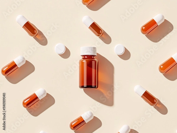 Fototapeta Medical concept of amber pill bottle and scattered red-white capsules on a beige background

