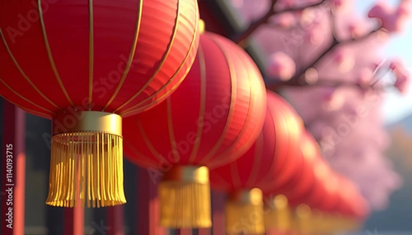 Fototapeta Close-up view of red Chinese lanterns with golden tassels and cherry blossoms in the background, red and gold lanterns