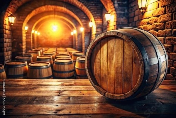 Fototapeta 3D Rendered Aerial View: Old Wooden Barrel Cellar - Soft Warm Light