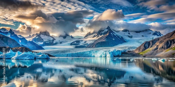 Obraz serene glacial landscape unfolds under soft sky, showcasing majestic mountains and reflective waters. beauty of nature captivates viewer