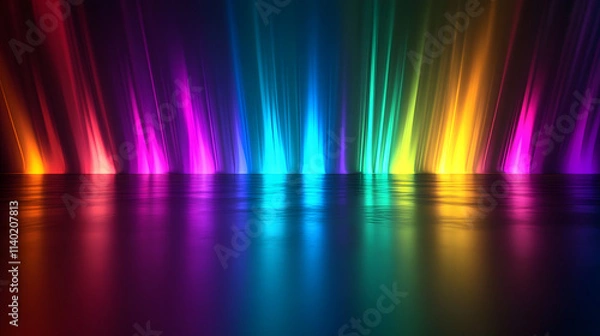 Fototapeta 
Sci Fy neon multicolored glowing rays in a dark hall. Reflections on the floor and walls. Empty background in the center. 3d rendering image. Techology futuristic background.
