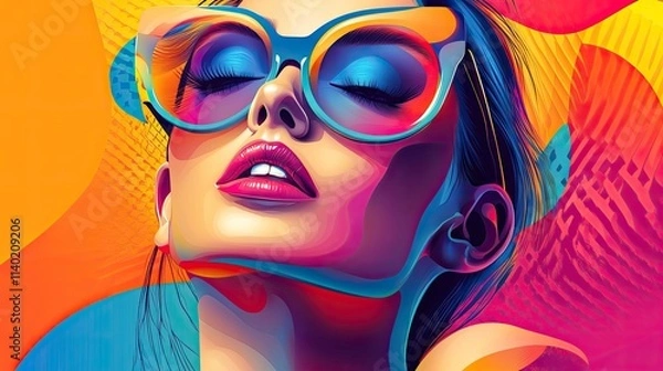 Fototapeta Close-up vibrant portrait of a woman with eyes closed, wearing large sunglasses against a colorful abstract background.