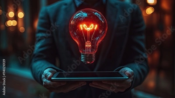 Fototapeta Businessman Glowing Lightbulb businessman holding iPad glowing red lightbulb symbolizing creative ideas innovation forward thinking leadership