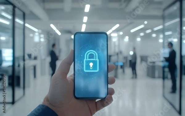 Fototapeta A smartphone in a person s hand displaying a digital padlock icon, signifying cybersecurity and online privacy, set in a clean, modern office, ultradetailed, 4K