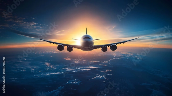 Fototapeta In the sky, an airplane is flying over the earth.