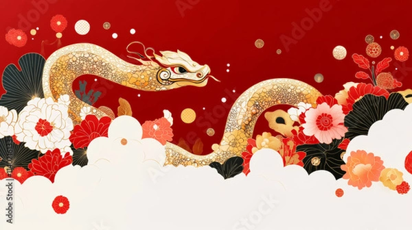 Fototapeta Golden dragon illustration with flowers and clouds on red background, symbolizing prosperity and good fortune. Perfect for celebrating Chinese New Year