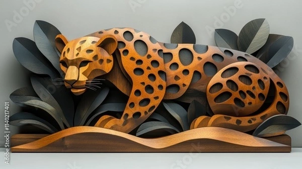 Fototapeta Wooden sculpture of a jaguar or leopard in jungle foliage.